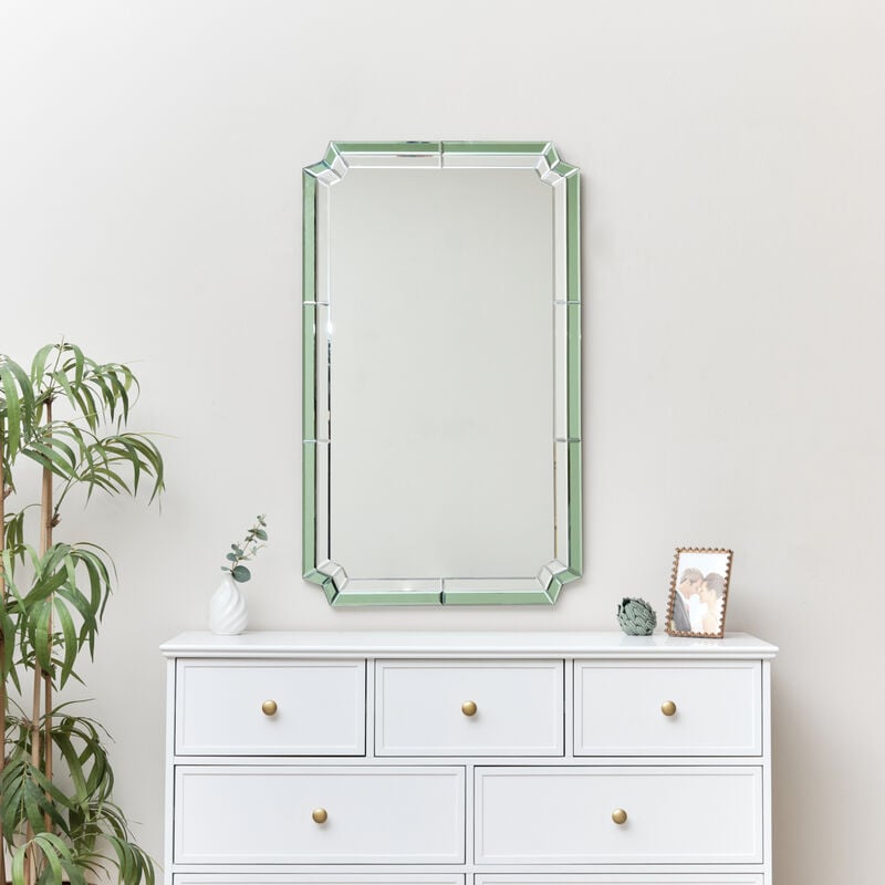 Melody Maison - Rectangle Green Glass Art Deco Wall Mirror 60cm x 100cm - Green, clear