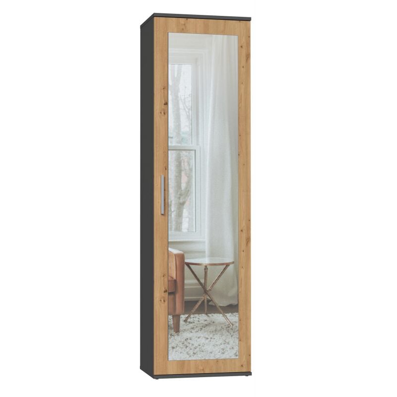 Atara - Hall cupboard with large mirror - 180x50x35 cm - 2 shelves + hanging space - Hall furniture