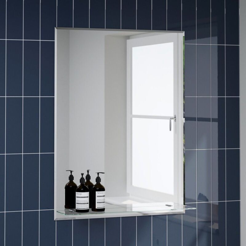 Bathroom Mirror Wall Modern Frameless Bevelled Rectangle Glass Shelf 800x600mm