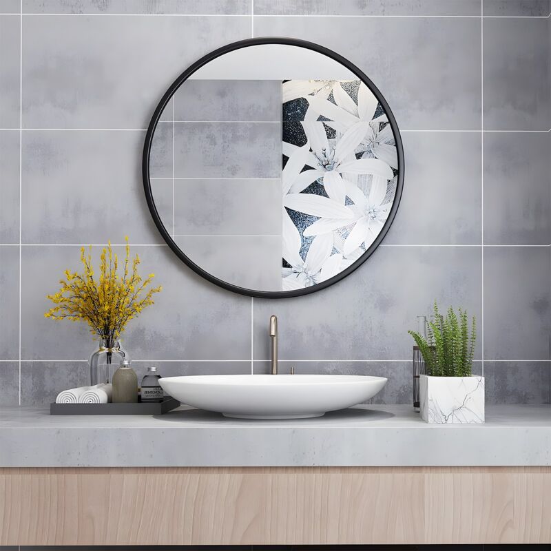 Black Round Mirror Large Makeup Wall Mounted Mirror with Metal Frame for Bathroom and Bedroom, 60cm