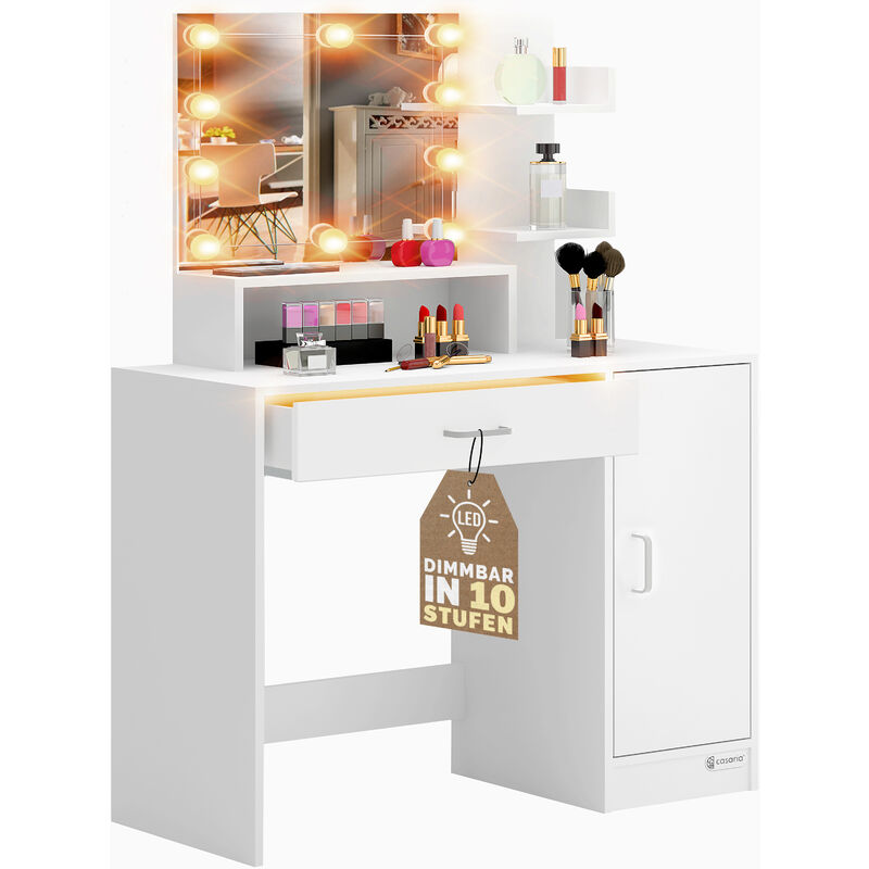 Casaria - Jocelyn Dressing Table with led Drawer Light, Mirror, 3 Shelves Ideal For Hair Make-Up Cosmetics Modern Bedroom Dresser Unit 140x90x40cm