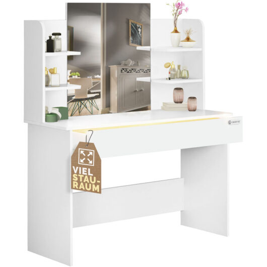 Casaria - Lucia Dressing Table with Large Mirror, led Illuminated 3 Compartment Drawer & 4 Open Shelves Ideal For Hair Make-Up Cosmetics Contemporary