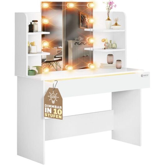 Casaria - Lucia Dressing Table with Large Mirror, led Illuminated 3 Compartment Drawer & 4 Open Shelves Ideal For Hair Make-Up Cosmetics Contemporary