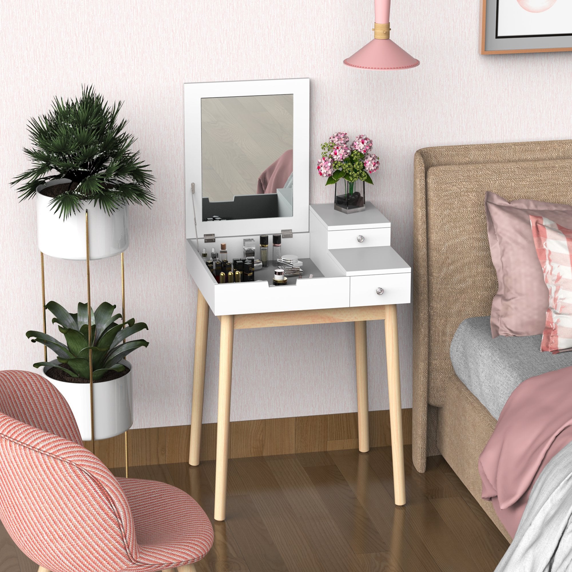 Dressing Table Desk Flip-up Mirror Multi-Purpose Large Space 2 Drawers Modern - White - Home Living | TJ Hughes