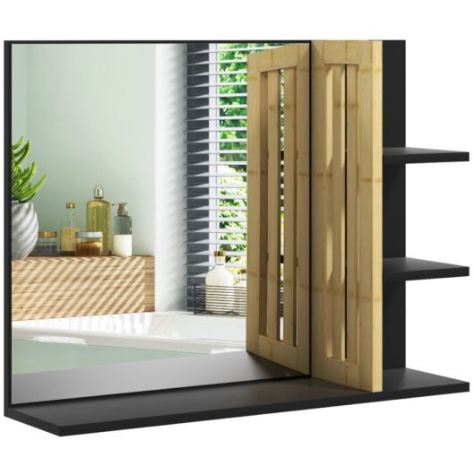 HOMCOM Bathroom Mirror with Shelf, Wall-mounted Makeup Mirror, Modern Vanity Mirror with 4 Storage Shelves for Make Up, Black