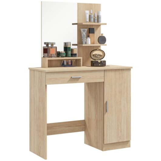 HOMCOM Dressing Table with Mirror, Vanity Table with 1 Drawer and Storage Cabinet, 4 Shelves Makeup Desk for Bedroom, Maple Wood-effect