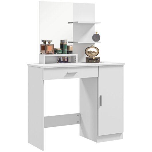 HOMCOM Dressing Table with Mirror, Vanity Table with 1 Drawer and Storage Cabinet, 4 Shelves Makeup Desk for Bedroom, White