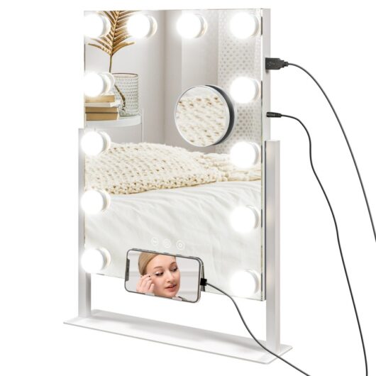 HOMCOM Hollywood Vanity Mirror with Lights, 37x46 cm Lighted Makeup Mirror with 3 Colour, 12 LED Bulbs, 10X Magnifying, USB Charging Port, Phone Holde