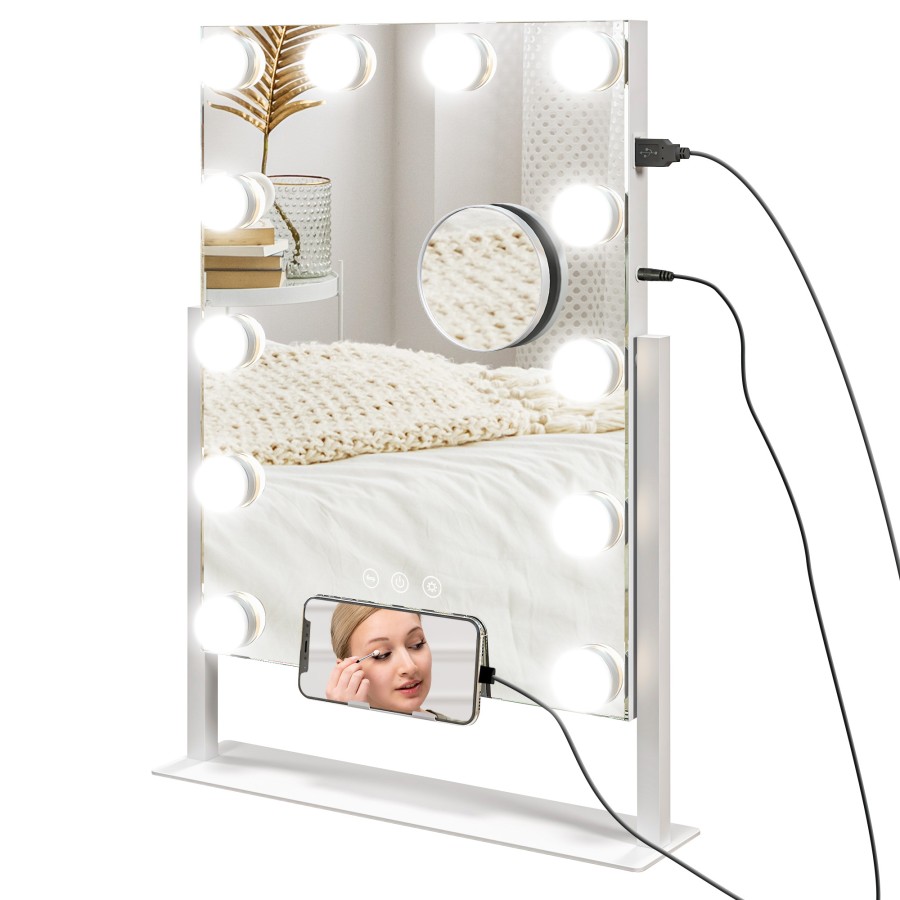 HOMCOM Hollywood Vanity Mirror with Lights, 37x46 cm Lighted Makeup Mirror with 3 Colour, 12 LED Bulbs, 10X Magnifying, USB Charging Port, Phone Holde