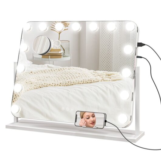 HOMCOM Hollywood Vanity Mirror with Lights, Large 63x50 cm Lighted Makeup Mirror with 3 Colour, 14 LED Bulbs, 10X Magnifying, USB Charging Port, Phone