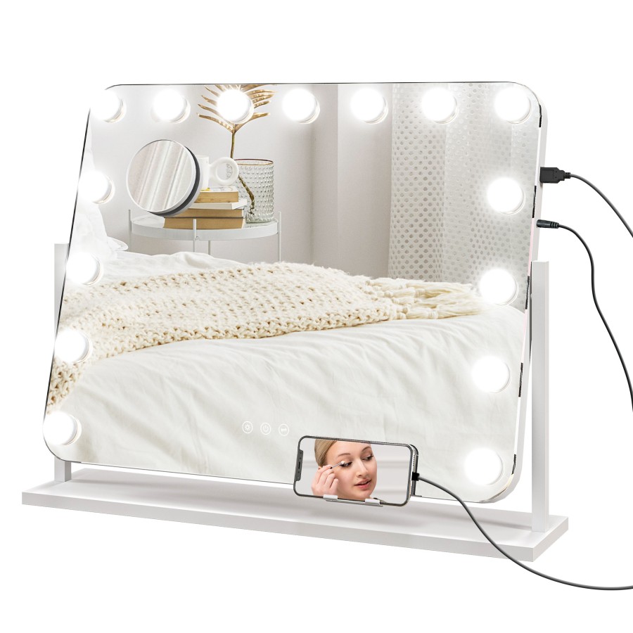 HOMCOM Hollywood Vanity Mirror with Lights, Large 63x50 cm Lighted Makeup Mirror with 3 Colour, 14 LED Bulbs, 10X Magnifying, USB Charging Port, Phone