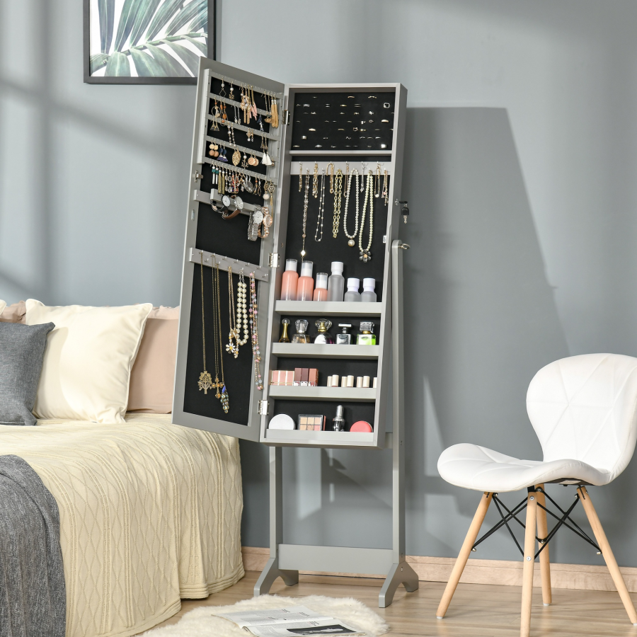 HOMCOM Jewellery Cabinet with Full-Length Mirror, Mirror Armoire, Lockable Jewellery Organiser for Bedroom Dressing Room, Grey