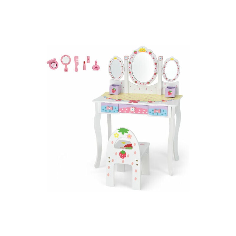 Kids Vanity Set w/Tri-fold Mirror Children Pretend Table Chair Set