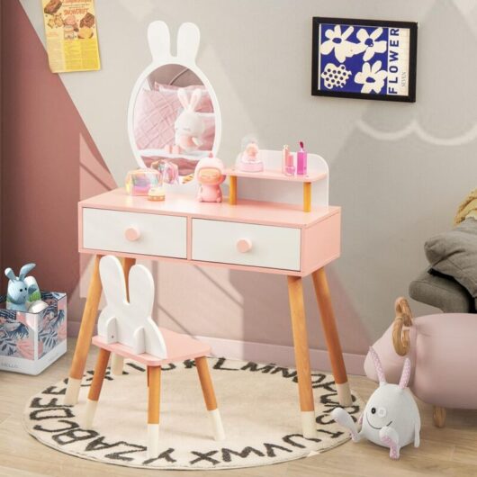 Kids Vanity Table & Chair Set w/ Mirror & 2 Drawers & Storage Shelf