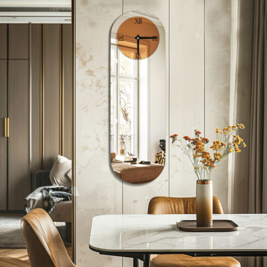 Large Oval Shape Frameless Mirror with Wall Clock