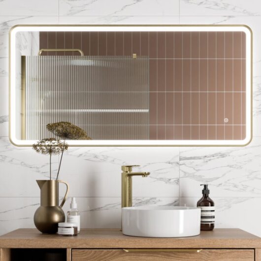 Large Rectangular led Mirror Touch Bathroom Demister Brushed Brass 1200x600mm - Aquari