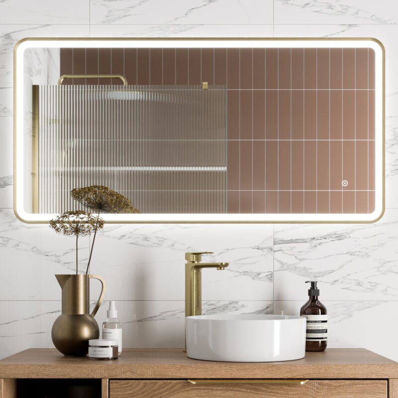 Large Rectangular led Mirror Touch Bathroom Demister Brushed Brass 1200x600mm - Aquari