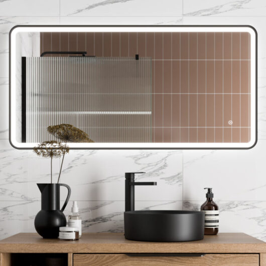 Large Rectangular led Mirror Touch Bathroom Demister Mains Matt Black 1200x600mm - Aquari
