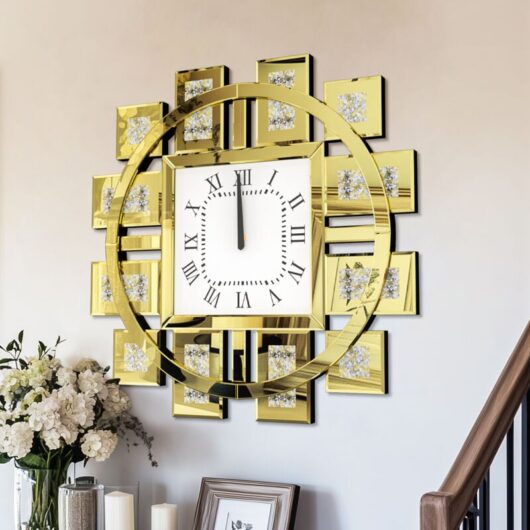 Large Wall Clock Crystal Twinkle Crush Diamond Mirrored - Gold - Unho