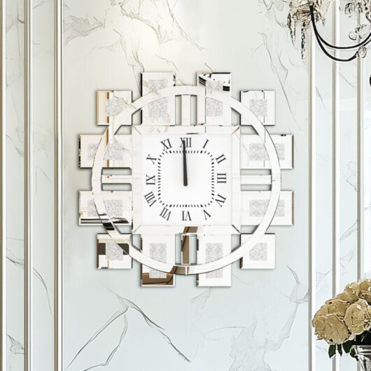 Large Wall Clock Crystal Twinkle Crush Diamond Mirrored - Silver - Unho