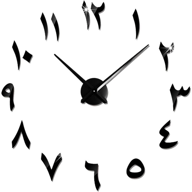Large diy Wall Clock Silent Modern 3D Sticker Home Office Decor Gift, (Black)