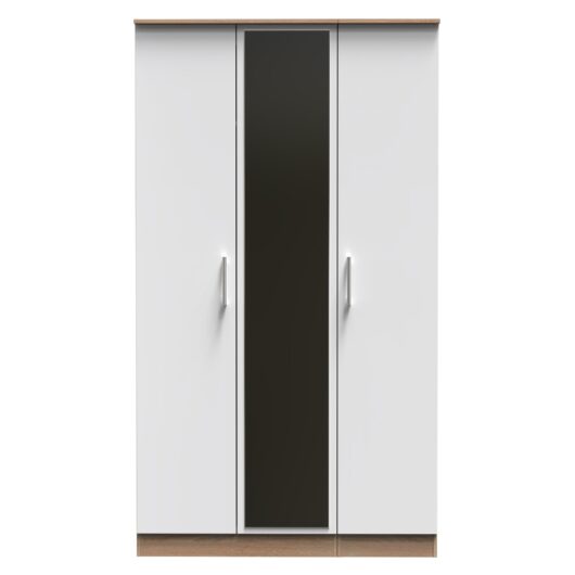 Milan Ready Assembled Wardrobe with Triple Mirror - White Gloss / Oak - Welcome Furniture | TJ Hughes