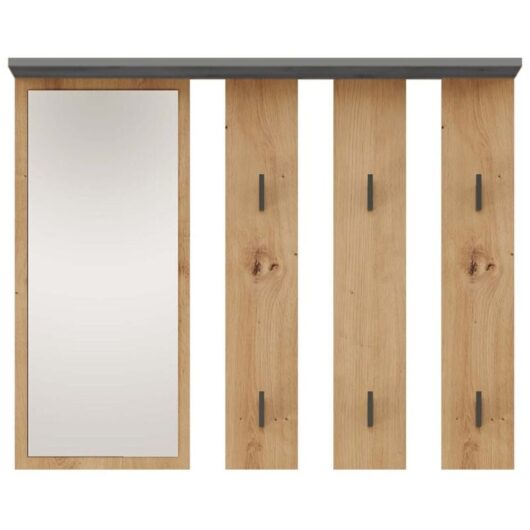 Parmi - Wall hook with mirror - Wall coat hook - 100x15x81.5 cm - 6 hooks - Hall furniture - Oak&Grey