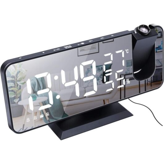 Projection Alarm Clock for Bedroom 7.4'' Large led Mirror Display and 4 Dimmer Clock Radio with usb Charging 180° Rotatable 2 Sounds Black-White