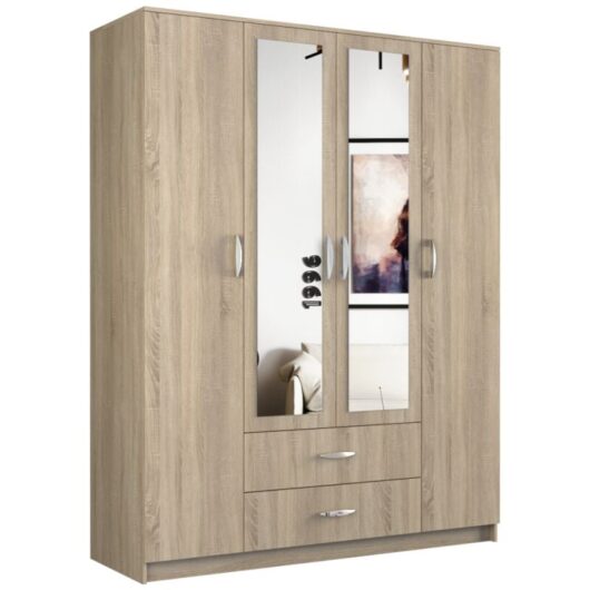 ROMA Large wardrobe 205x160x52 cm Wardrobe 2 doors 2 mirrors 2 drawers Storage unit