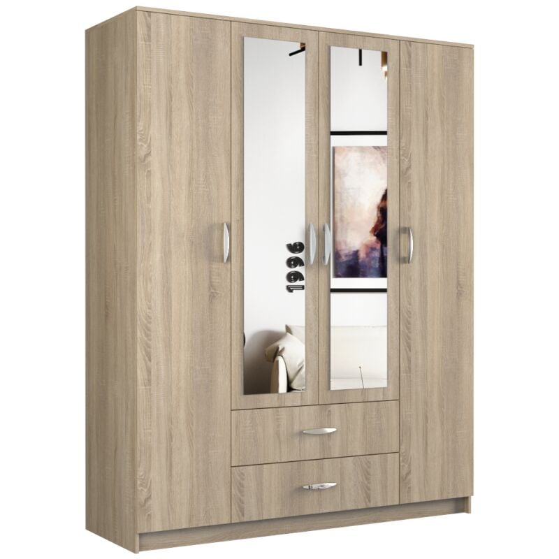 ROMA Large wardrobe 205x160x52 cm Wardrobe 2 doors 2 mirrors 2 drawers Storage unit