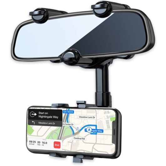 Rearview Mirror Phone Holder for Car, 360° Rotating Rearview Mirror Phone Holder with Adjustable Arm Length, Multifunctional Phone Holder and gps
