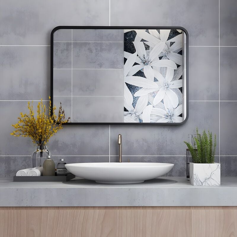 Rectangular Black Bathroom Mirror Large MakeUp Wall Mounted Mirror with Metal Frame for Dressing Room or Bedroom, 1000x600mm