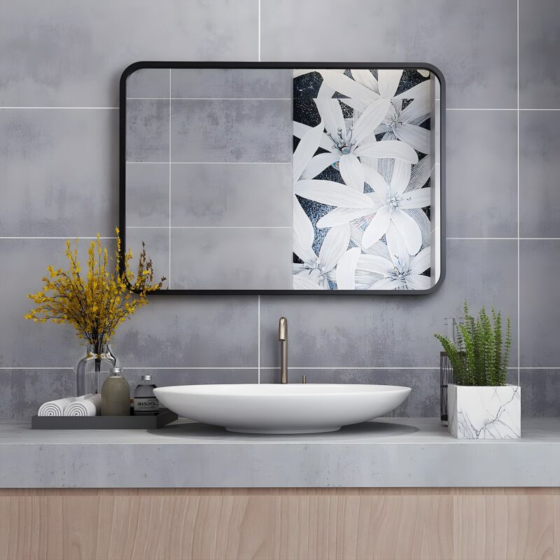 Rectangular Black Bathroom Mirror Large MakeUp Wall Mounted Mirror with Metal Frame for Dressing Room or Bedroom, 800x600mm