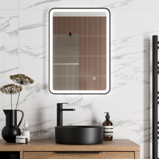 Rectangular led Mirror Touch Bathroom Demister Modern Mains Matt Black 500x700mm - Aquari
