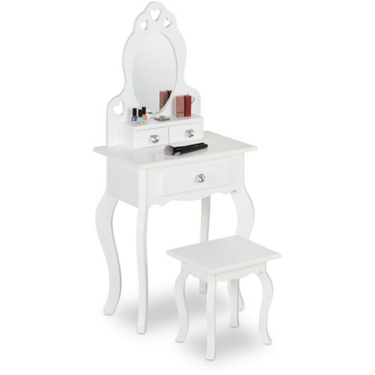 Relaxdays - Children's Dressing Table, with Mirror & Stool, 110 x 50 x 30 cm, for Kids from 3 years, Vanity Dresser, White