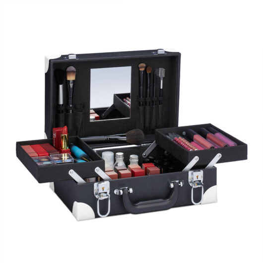 Relaxdays - Cosmetic Case, Makeup Storage Box, Nail Varnish Bag, Mirror, Empty, HxWxD 12.5 x 31 x 23 cm, Black/White