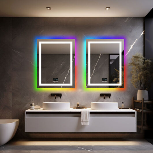 Rgb Colorful Smart led Illuminated Fog-free Extra Large Bathroom Mirror with Bluetooth Speakers, Time and Date Digital Display - Rectangular 700mm x