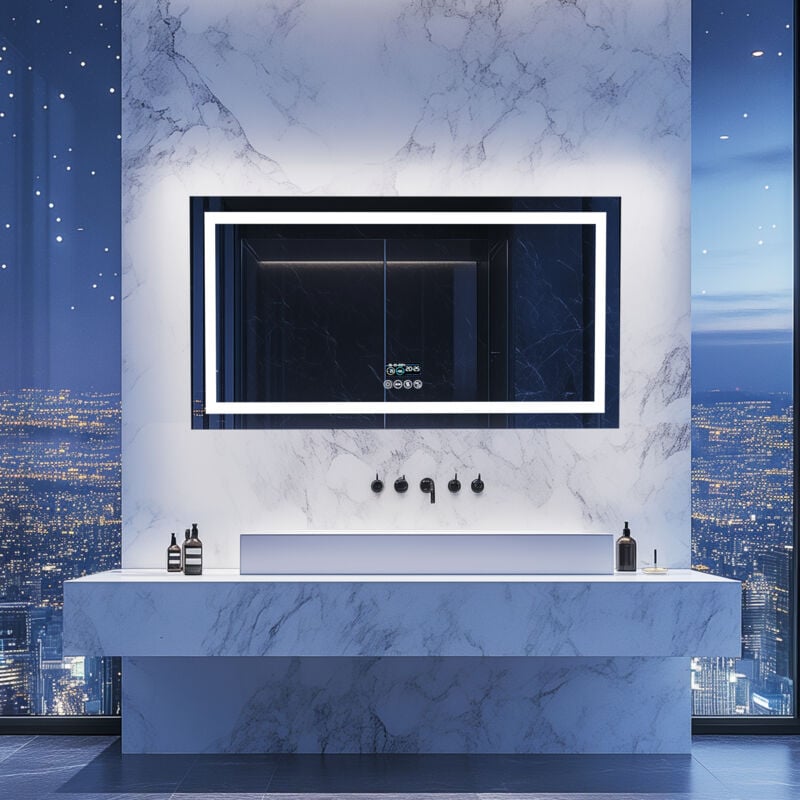 Smart led Illuminated Fog-free Large Bathroom Mirror with Bluetooth Speakers, Time and Date Digital Display - Rectangular 1000mm x 600mm