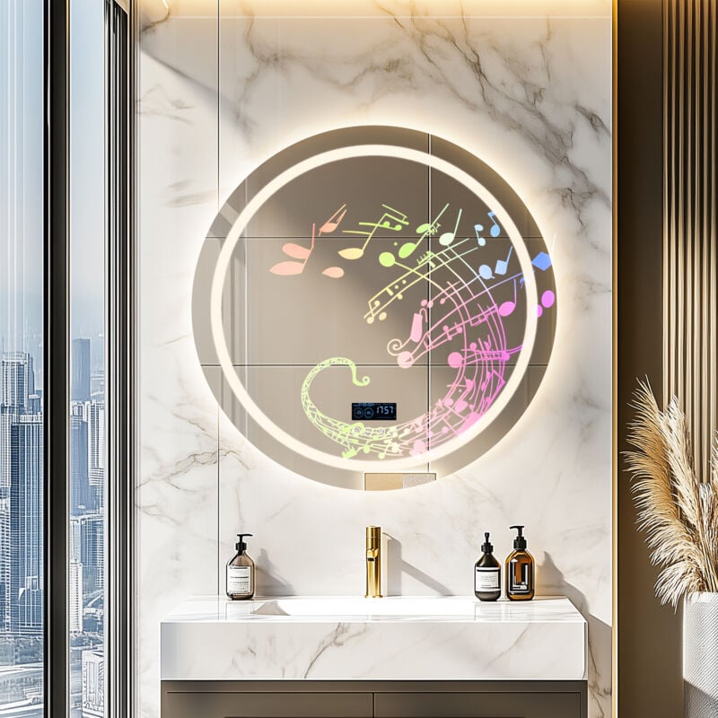 Smart led Illuminated Fog-free Large Bathroom Mirror with Bluetooth Speakers, Time and Date Digital Display - Round 800mm
