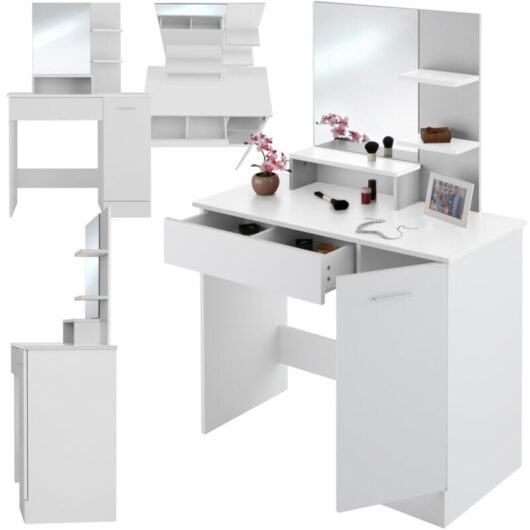 Tectake - Dressing Table Zoe - drawer, mirror, cupboard and storage shelves - dressing table mirror, makeup table, vanity table - white