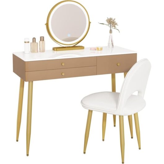 WOLTU Dressing Table with LED Lights Mirror, Vanity Makeup Table Set with Adjustable Brightness Mirror, Velvet Stool and Free Make-up Organizer, 3