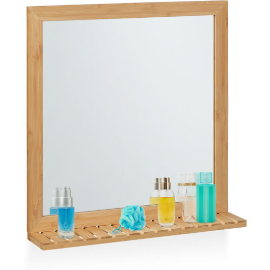 Wall Mirror with Shelf, Bamboo Frame, HxWxD 61.5 x 60 x 12 cm, Bathroom & Toilet, Hallway & Bedroom, Natural - Relaxdays