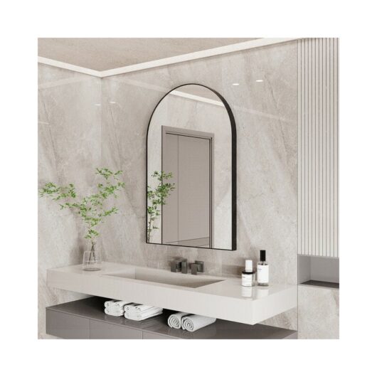 Wall-Mounted Mirror for Bathroom Dressing Room Bedroom Corridor Aluminum Alloy Black Framed Wall Mirror, Arch 96 x 66cm