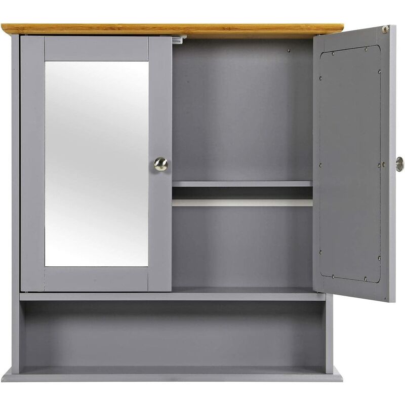2 Doors Wall Cabinet Bathroom Mirror Cabinet Storage w/Adjustable Shelves, Gray