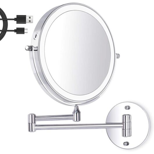 8 Inch led Wall Mounted Makeup Mirror, Lighted Magnifying Mirror, 1X/10X Magnification 3 Adjustable Light Colors usb Charging, 360° Swivel