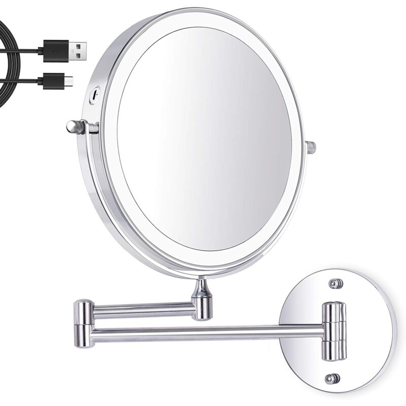 8 Inch led Wall Mounted Makeup Mirror, Lighted Magnifying Mirror, 1X/10X Magnification 3 Adjustable Light Colors usb Charging, 360° Swivel