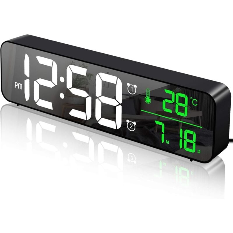 Digital Alarm Clock, led Digital Mirror Wall Clock Large Display with Temperature Date, 2 Alarms, 40 Music, 6 Dimmable Brightness, usb Clock for Home