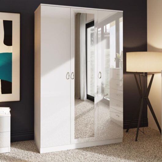 FWStyle 3 Door Mirrored Large Triple Wardrobe High Gloss White
