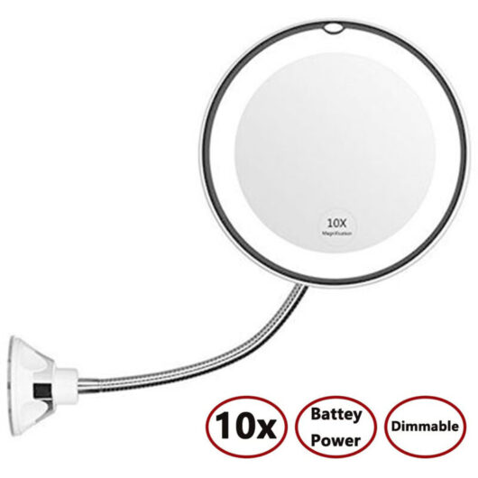 Flexible Gooseneck 10x Magnifying LED Illuminated Makeup Mirror, Bathroom Magnifying Vanity Mirror with Suction Cup, 360 Degree Swivel, Daylight,