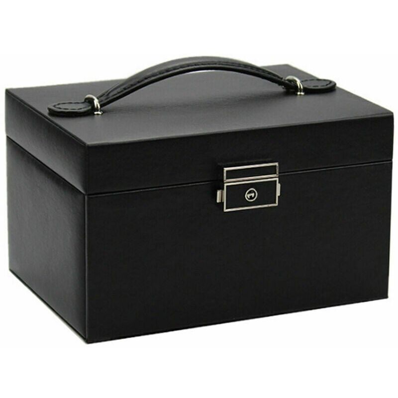 Jewelry Organizer 3 Layers Large Capacity Jewelry Box Earrings Necklace Rings Holder with Makeup Mirror and Lock Case pu Leather Jewelry Drawer, Black
